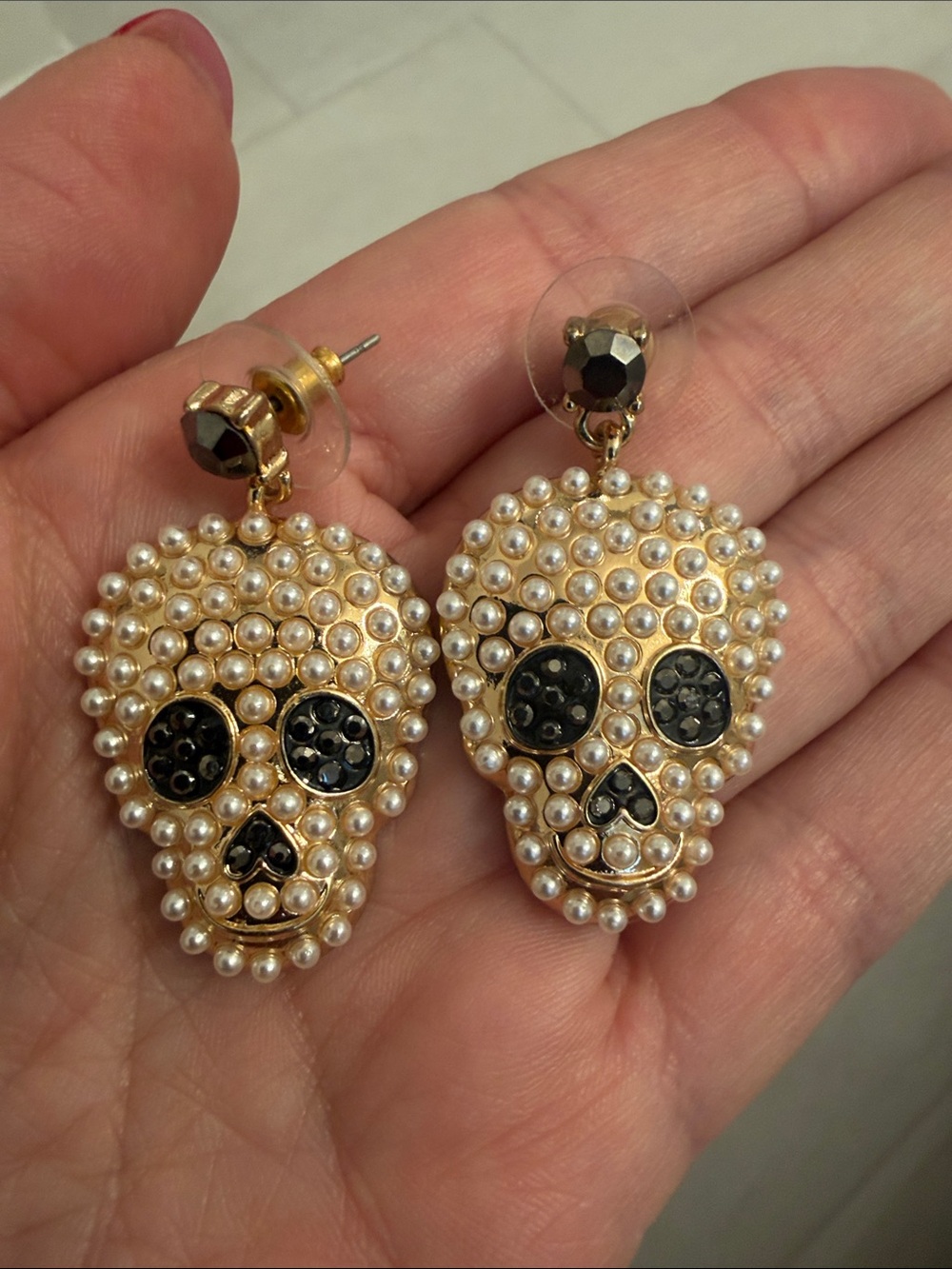 Pearl Skull Drop Earrings - Gold Tone with Black Accents